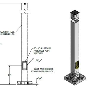 10' Square Aluminum Anchor Base Pole with 4" Shaft Size and .125"  Shaft Wall Thickness